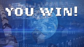 Animation of you win text over 3d houses, binary codes, trading board and programming language. Digitally generated, hologram, globalization, coding, machine learning and technology concept. - Powered by Shutterstock - Get 15% off with code: PIKWIZARD15