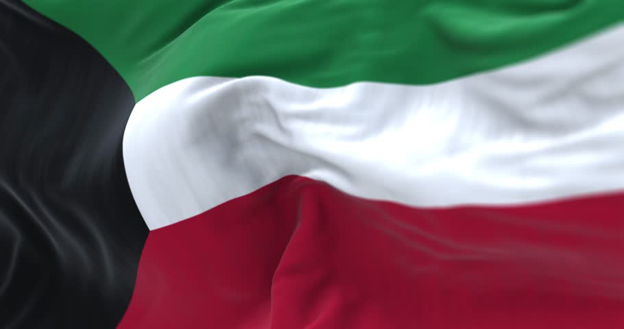 Kuwait national flag waving in the wind. The State of Kuwait is a country in Western Asia. Close-up. Selective focus. Rippled fabric. Realistic 3D render animation. Slow motion loop Royalty-Free Stock Footage #1099407061