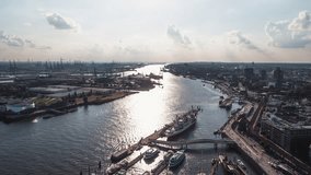 Establishing Aerial View Shot of Hamburg De, Mecklenburg-Western Pomerania, Germany, nice, sunny, day, port of Hamburg