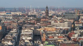 Establishing Aerial View Shot of Hamburg De, Mecklenburg-Western Pomerania, Germany, city and port