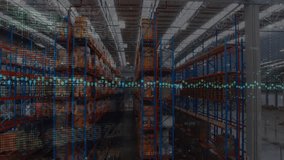 Animation of warehouse, statistics and financial data processing. Global business, finance, computing and data processing concept digitally generated video.