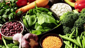 Fresh vegetables stock video 4k. Healthy food. Healthy eating background. Fruits, vegetables, berries. Vegetarian eating. Superfood