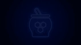 Glowing neon line Jar of honey and honey dipper stick icon isolated on black background. Food bank. Sweet natural food symbol. Honey ladle. 4K Video motion graphic animation.