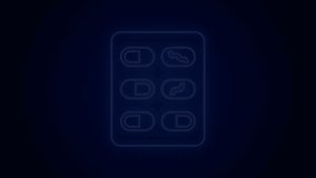 Glowing neon line Pills in blister pack icon isolated on black background. Medical drug package for tablet, vitamin, antibiotic, aspirin. 4K Video motion graphic animation.
