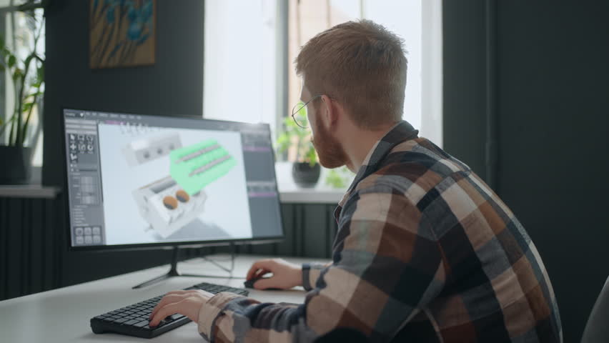 Male creative designer using CAD system for projecting details of engine, creating 3D model | Shutterstock HD Video #1099420677