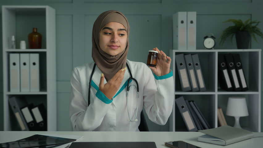Female doctor arabian woman pharmacist use video conference app consult patient online recommend medical bottle with pills vitamins painkiller tablets pharmaceutical promotion of new health medication | Shutterstock HD Video #1099421639