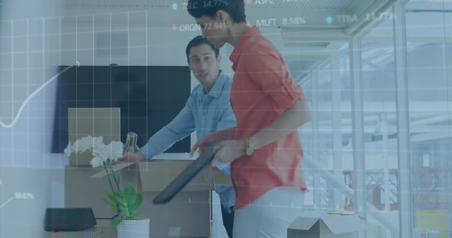 Animation of graph and trading board over diverse coworkers unloading boxes on desk in new office. Digital composite, multiple exposure, report, stock market, teamwork and investment concept. | Shutterstock HD Video #1099422453