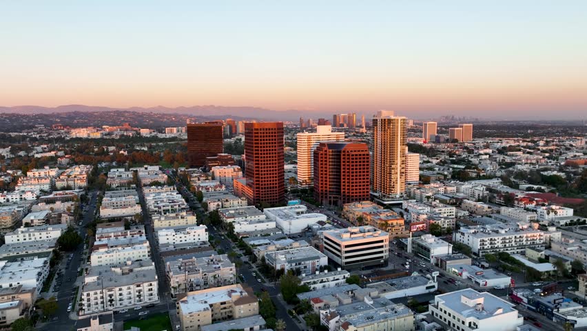 Panoramic aerial view of the West LA in Los Angeles, California  on a sunny day during golden hour before sunset. 2023
