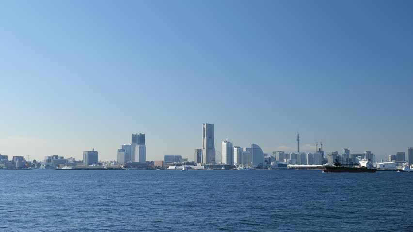 A view of the Port of Yokohama and the Yokohama Minato Mirai area on a clear winter day.