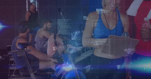 Animation of financial data processing over diverse people at gym. Global sport, finances and digital interface concept, digitally generated video.