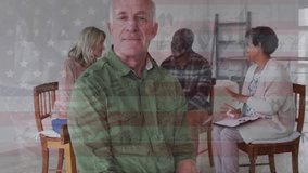 Animation of flag of usa over diverse male soldier and family talking. Global patriotism and digital interface concept digitally generated video.