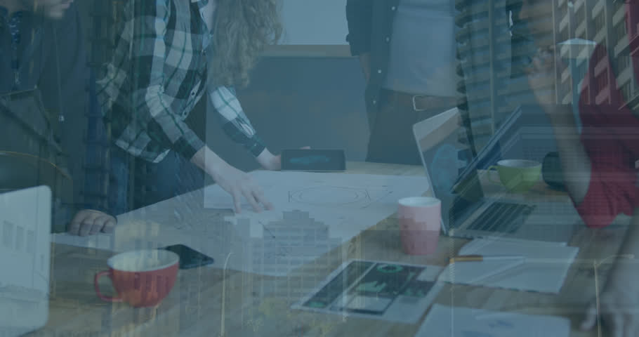 Animation of data processing and cityscape over diverse business people working in office. Global business and digital interface concept digitally generated video.