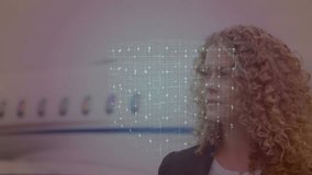 Animation of network of connections over caucasian businesswoman at airport. Global business and digital interface concept digitally generated video. - Powered by Shutterstock - Get 15% off with code: PIKWIZARD15