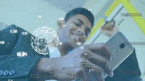 Animation of data processing over biracial businessman using smartphone. Global business and digital interface concept digitally generated video. - Powered by Shutterstock - Get 15% off with code: PIKWIZARD15
