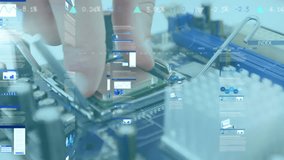 Animation of financial data processing over hands and computer circuit board. Global technology, finances and digital interface concept, digitally generated video.