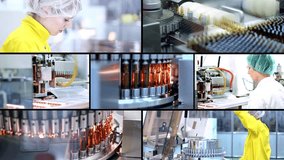 Vaccine and Ampule Medications Manufacturing - Multi Screen Video. Medical Ampoules On The Production Line. Pharmaceutical Production Line Workers At Work. The Development of New Medicines.