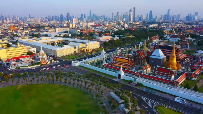 Aerial view of the Temple of the Emerald Buddha grand palace, most famous landmark of Bangkok, Thailand