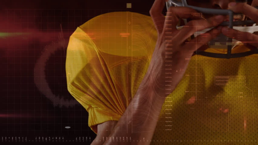 Animation of digital interface with covid medical data processing over rugby players. Global technology and digital interface concept digitally generated video. - Powered by Shutterstock - Get 15% off with code: PIKWIZARD15