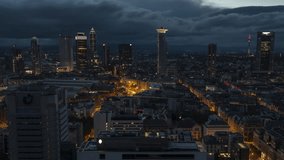 Establishing Aerial View Shot of Frankfurt am Main De, financial capital of Europe, Hesse, Germany, at night evening, super clear image, really cool view