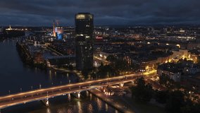 Establishing Aerial View Shot of Frankfurt am Main De, financial capital of Europe, Hesse, Germany, at night evening, super clear image, West Frankfurt