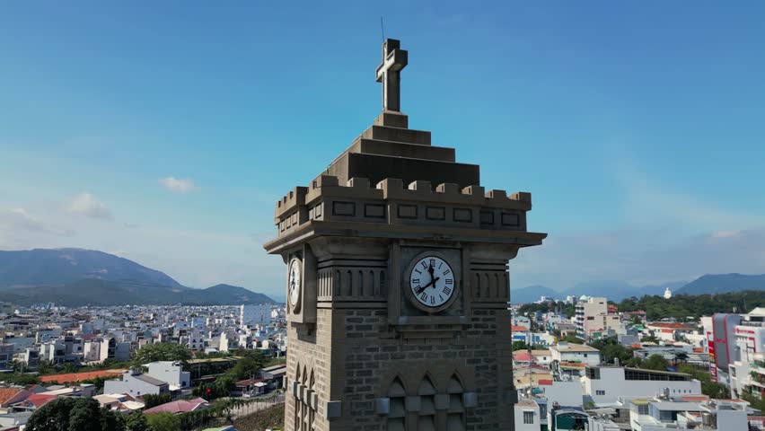 Beautiful 4K panoramic aerial video from flying drone to Nha Trang, Vietnam, the main church for the Church of Catholic Diocese of Nha Trang. 4K Nha Trang, Vietnam.