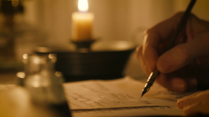 A typical candlelit 1800s scene of a man composing correspondence by dipping his dip pen in ink and writing with it. Royalty-Free Stock Footage #1099439737