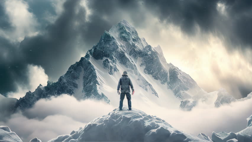 The Ultimate Outdoor Adventure A Hiker's Journey to the Top of the Mountain Trekking Through Snowy Landscapes Overcoming Challenges and Experiencing Stunning Views Royalty-Free Stock Footage #1099441179