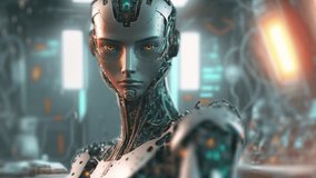 Virtual Reality Engineer Android Woman In Futuristic Lab Calculating Big Data On Cloud Computing For Artificial Intelligence Development - Powered by Shutterstock - Get 15% off with code: PIKWIZARD15