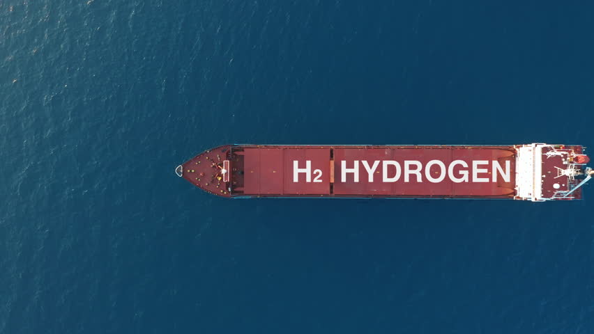 Liquid Hydrogen renewable energy in vessel, LH2 hydrogen gas for clean sea transportation on big ship with composite cryotank for cryogenic gases Royalty-Free Stock Footage #1099442573