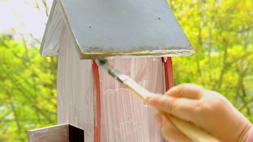 Preparing a birdhouse for the new spring season, painting the house white with a paint brush, large strokes on the surface, the concept of a bird's housewarming, helping animals | Shutterstock HD Video #1099442617
