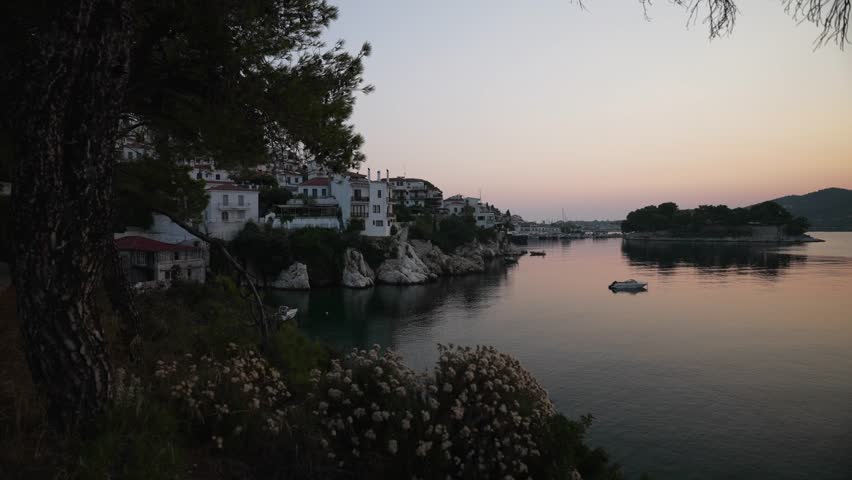 Old Town and Old Port at sunrise, Skiathos Town, Skiathos, Sporades Islands, Greek Islands, Greece, Europe | Shutterstock HD Video #1099443549