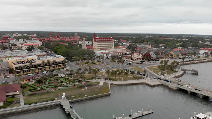 St Augustine riverfront aerial view, Florida on a cloudy day
