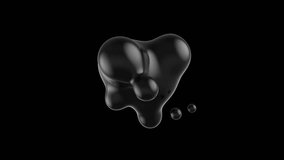 Abstract 3D deformed figure. Black metabolite drop. Surrealistic object based on metabolic spheres on a transparent background. 4k Looped animation in Pro Res 4444 format