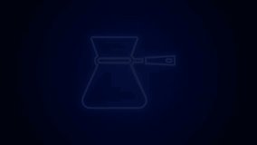 Glowing neon line Coffee turk icon isolated on black background. Coffee cezve. 4K Video motion graphic animation.