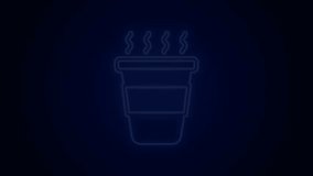 Glowing neon line Coffee cup to go icon isolated on black background. 4K Video motion graphic animation.