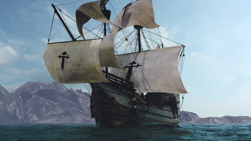 The NAO VICTORIA is the flag ship of the MAGELLAN armada. 
A scientific 3D-reconstruction of a spanish galleon fleet 
in the beginning of the 16th century. 
sails ahead of a global circumnavigation Royalty-Free Stock Footage #1099451709