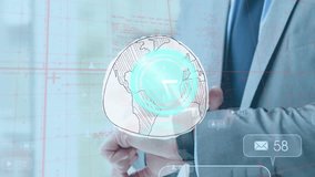 Animation of ticking clock and social media icons over mid section of businessman using smartwatch. Social media networking and business technology concept - Powered by Shutterstock - Get 15% off with code: PIKWIZARD15