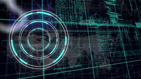 Animation of neon round scanner, data processing and mathematical equations on black background. Computer interface and business technology concept - Powered by Shutterstock - Get 15% off with code: PIKWIZARD15