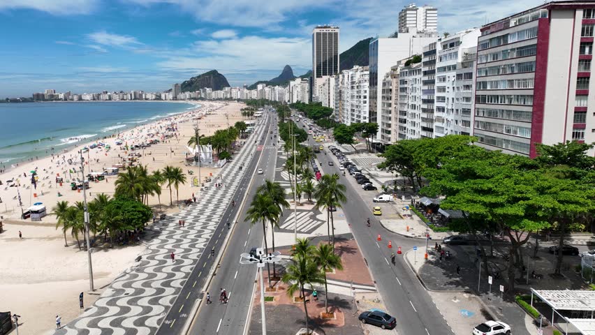 Coast Avenue At Copacabana Beach In Rio De Janeiro Brazil. Travel Destinations. Tourism Scenery. Copacabana Beach At Rio De Janeiro Brazil. Summer Travel. Tropical Scenery. Royalty-Free Stock Footage #1099453501