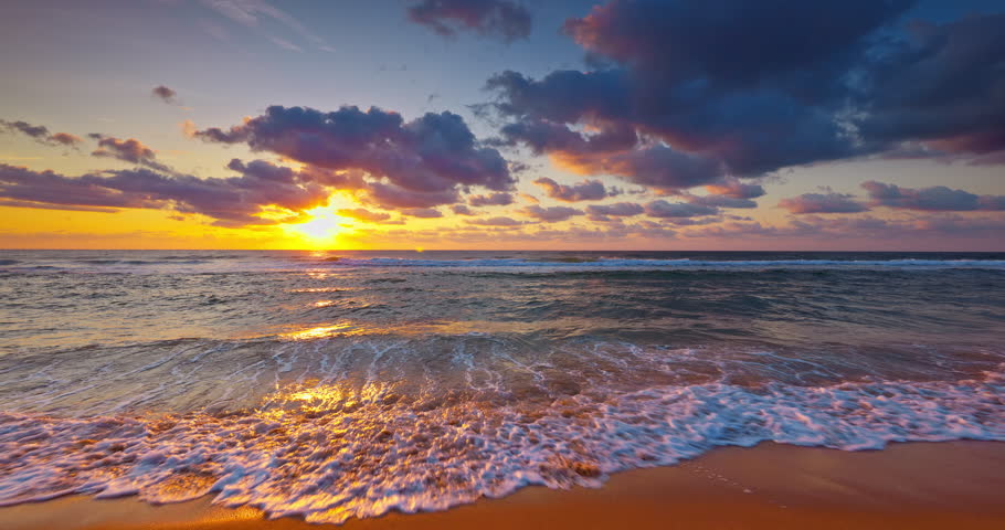 Morning relaxation on the sea shore. Sunrise over ocean waves and beach 4k video | Shutterstock HD Video #1099454277