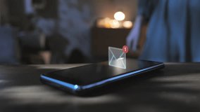 female hand picking up phone receiving mail notification 3d icon animation showing on the screen,smartphone mobile display incoming email symbol,indoor night time - Powered by Shutterstock - Get 15% off with code: PIKWIZARD15