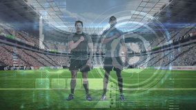 Animation of data processing over diverse rugby players at stadium. Global sports, connections, computing and data processing concept digitally generated video.