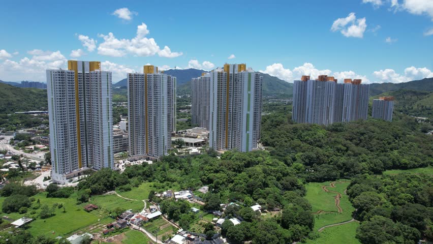 Countryside with housing land construction project in Fanling, Sheung Shui, Queens Hill, Ping Che New Territories Drone aerial Top skyview of Hong Kong Northern Metropolis Development | Shutterstock HD Video #1099457591