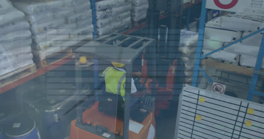 Animation of data processing over male worker in warehouse. Global business and digital interface concept digitally generated video. | Shutterstock HD Video #1099459827
