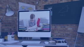 Animation of data processing over caucasian boy having video call. Global business, finances and digital interface concept digitally generated video. - Powered by Shutterstock - Get 15% off with code: PIKWIZARD15