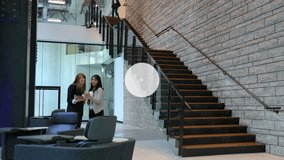 Animation of network of digital icons over two diverse businesswomen discussing at modern office. Global networking and business technology concept - Powered by Shutterstock - Get 15% off with code: PIKWIZARD15