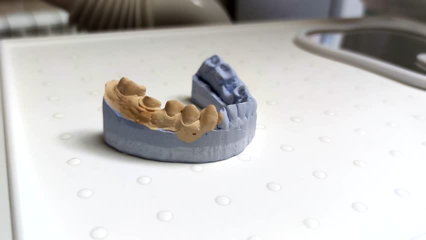 Blue and beige dental plaster mould (for checking the size and shape of a crown for tooth) made after dental impression lies on white orthodontist's table. Medicine and Healthcare theme. | Shutterstock HD Video #1099461965