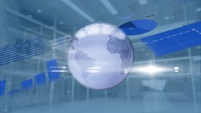 Animation of globe over data processing over office. Global technology, computing and digital interface concept digitally generated video. - Powered by Shutterstock - Get 15% off with code: PIKWIZARD15