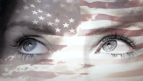 Animation of flag of usa and sky with clouds over eyes of caucasian woman. Global patriotism and digital interface concept digitally generated video. - Powered by Shutterstock - Get 15% off with code: PIKWIZARD15