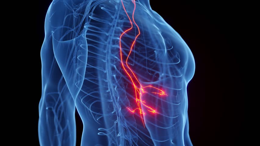 3D rendered medical animation of male anatomy - vagus nerves. plain black background. professional studio lighting. rotation